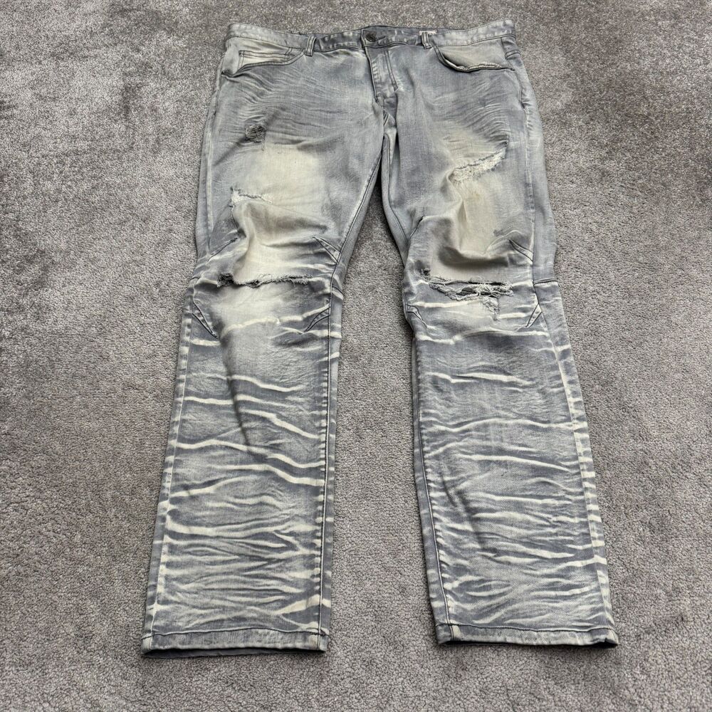 Smoke Rise Distressed Acid Washed Moto Denim Jeans Mens 42x32 Blue Gray Stretch